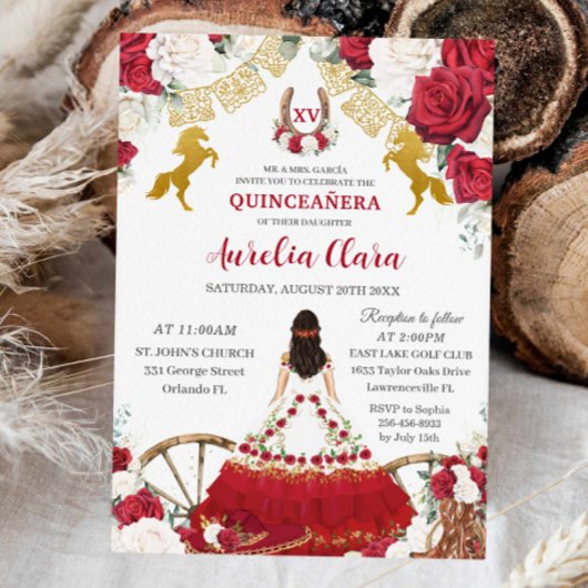 Red White Floral Wild West Charro Quinceañera XV Save The Date