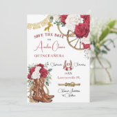 Red White Floral Wild West Charro Quinceañera XV Save The Date (Stehend Vorderseite)