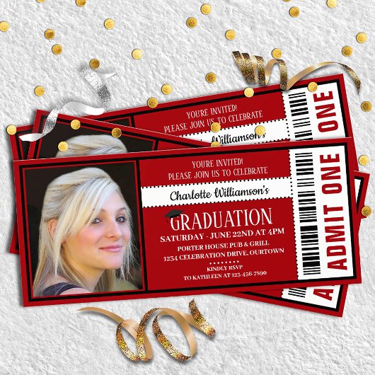 Red|White Foto Ticket Graduation Party Einladung