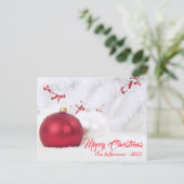 Red & White Frohe Weihnachtsballes Ornamente Postkarte (Stehend Vorderseite)