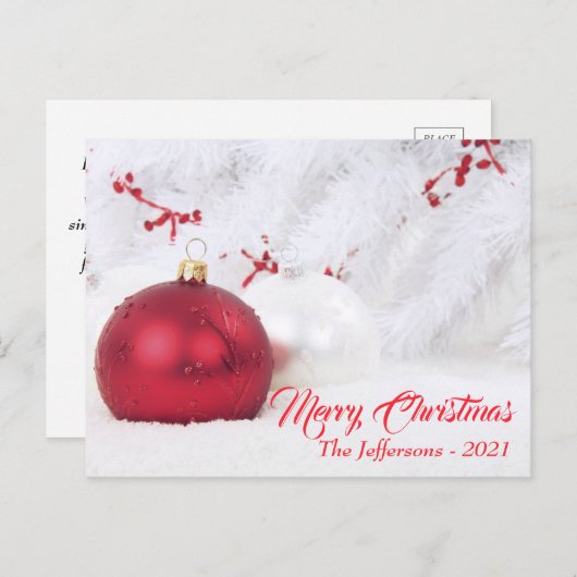 Red & White Frohe Weihnachtsballes Ornamente Postkarte (Vorne/Hinten)