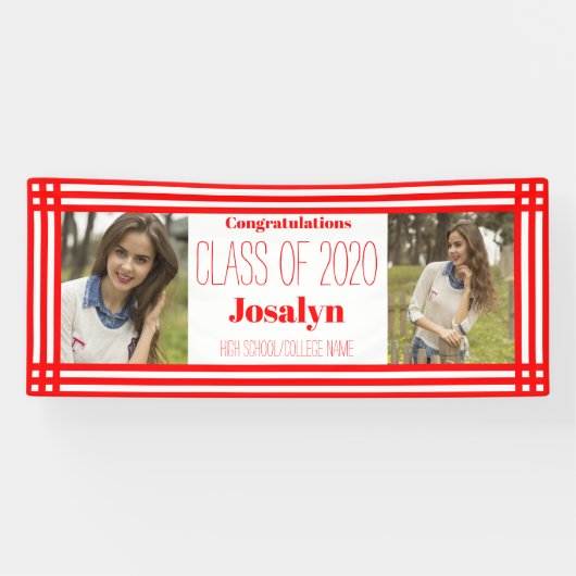 Red White Geometric Two Fotos Abschluss Banner (Horizontal)