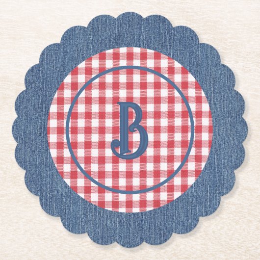 Red & White Gingham, Blue Denim Print, Initial (6) Untersetzer (Vorderseite)