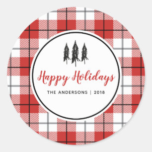 Red & White Gingham Flannel Weihnachtsbaum Runder Aufkleber