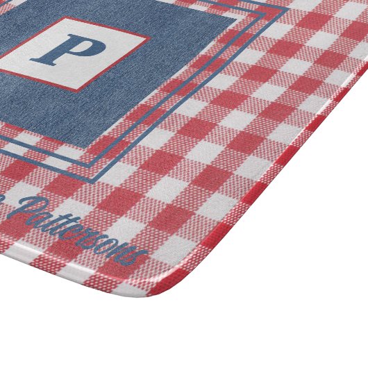Red & White Gingham Karo, Blue Denim Glass Schneidebrett (Ecke)