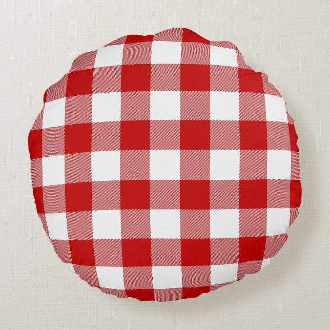 Red & White Gingham Karo Rundes Kissen (Rückseite)