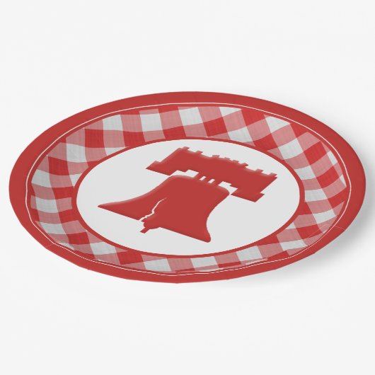 Red/White Gingham Liberty Bell 4. GRILLEN Party Pappteller (Schrägansicht)