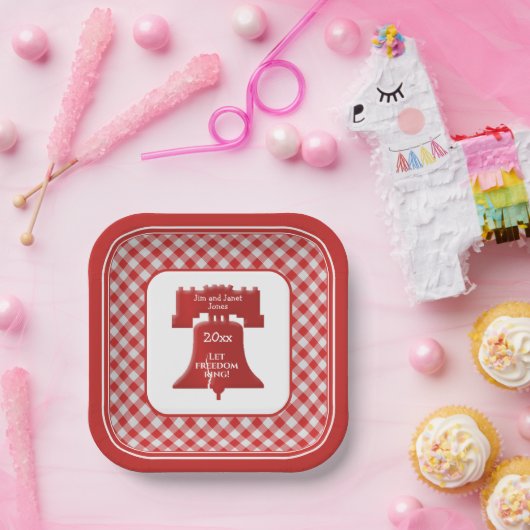 Red White Gingham Liberty Bell Lasse Freiheitsring Pappteller (Party)