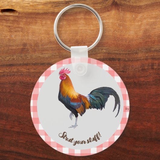 Red & White Gingham mit Vintagem Rooster-Schlüssel Schlüsselanhänger (Vorderseite)