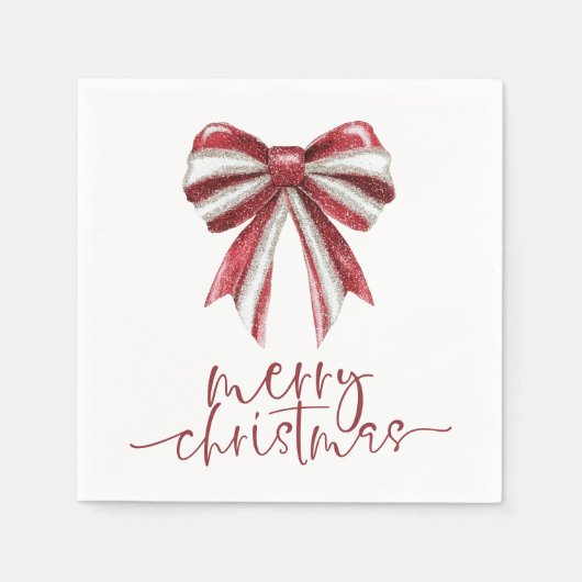 Red White Glitzer Bow Frohe Weihnachten Serviette (Vorderseite)