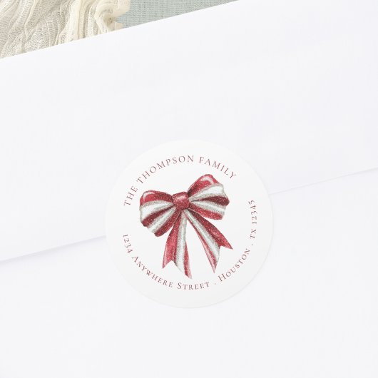 Red White Glitzern Coquette Bow Rücksendeadresse Runder Aufkleber
