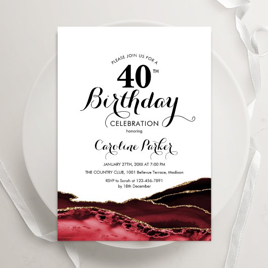 Red White Gold Agate 40. Geburtstag Einladung
