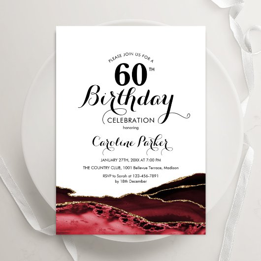 Red White Gold Agate 60. Geburtstag Einladung