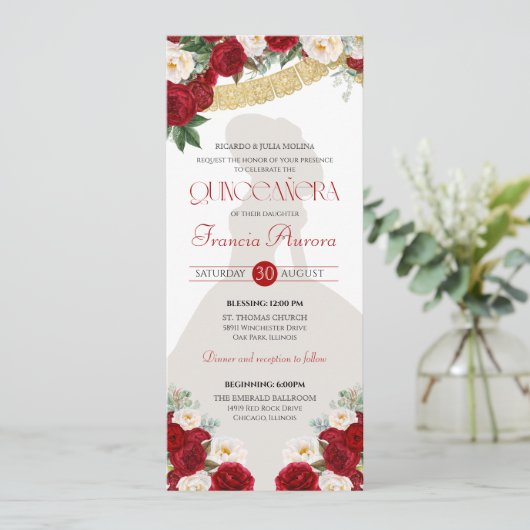 Red White Gold Blooms Papado Picado Charro Quince Einladung (Stehend Vorderseite)