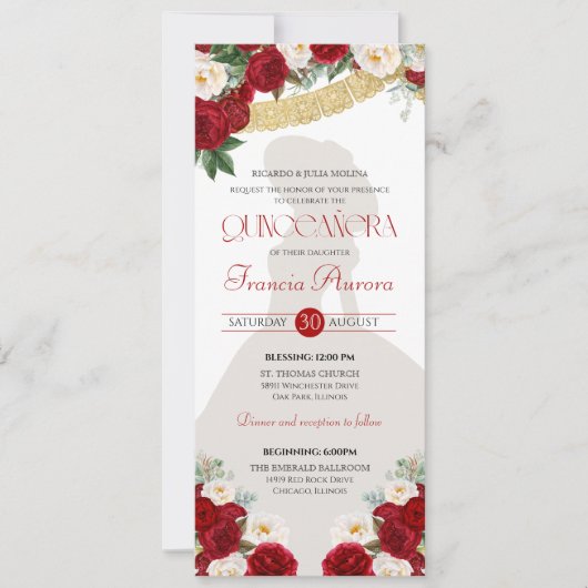 Red White Gold Blooms Papado Picado Charro Quince Einladung (Vorderseite)