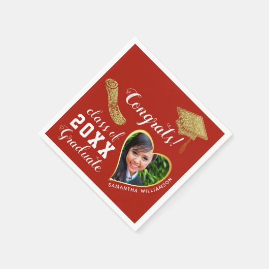 Red White Gold Class 2025 Grad Foto Abschluss Serviette (Ecke)