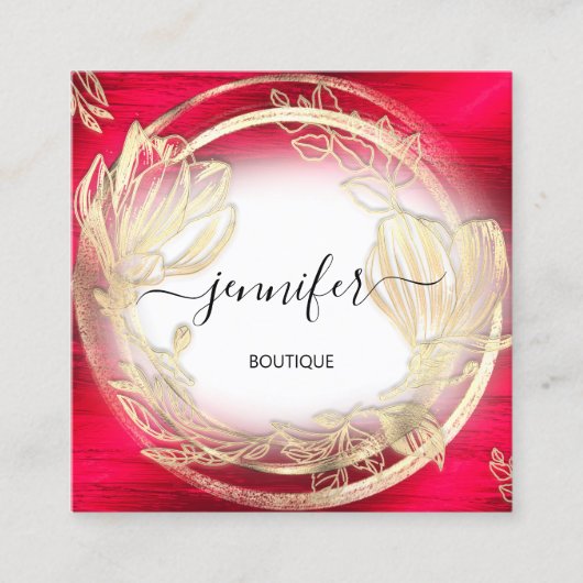 Red White Gold Floral Frame QRCode Logo Quadratische Visitenkarte (Vorderseite)