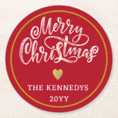 Red White Gold Frohe Weihnachten Runder Pappuntersetzer (Vorderseite)