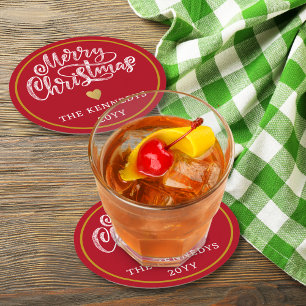 Red White Gold Frohe Weihnachten Runder Pappuntersetzer