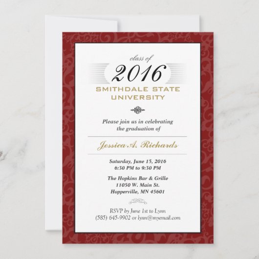 Red White & Gold (für sie) Elegant Grad Invite Einladung (Vorderseite)