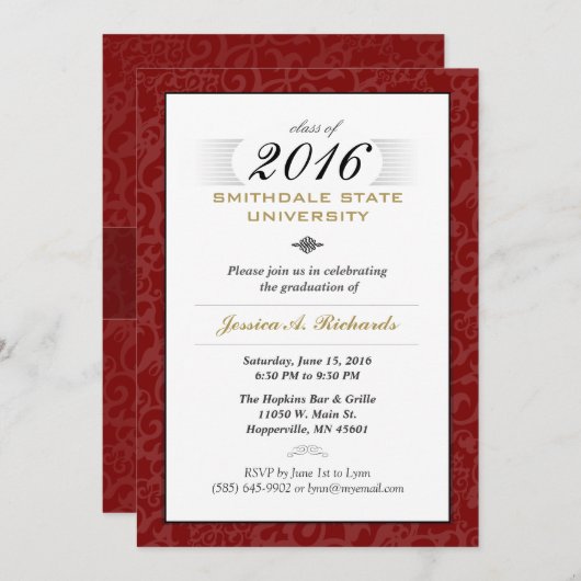 Red White & Gold (für sie) Elegant Grad Invite Einladung (Vorne/Hinten)