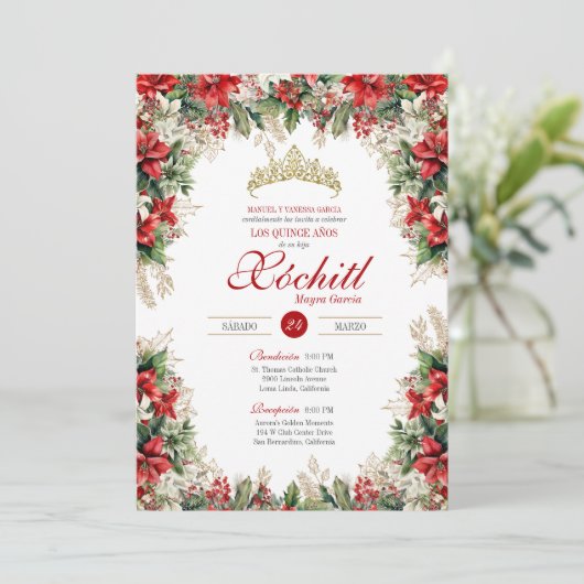Red White Gold Holiday Floral Winter Quinceañera Einladung (Stehend Vorderseite)