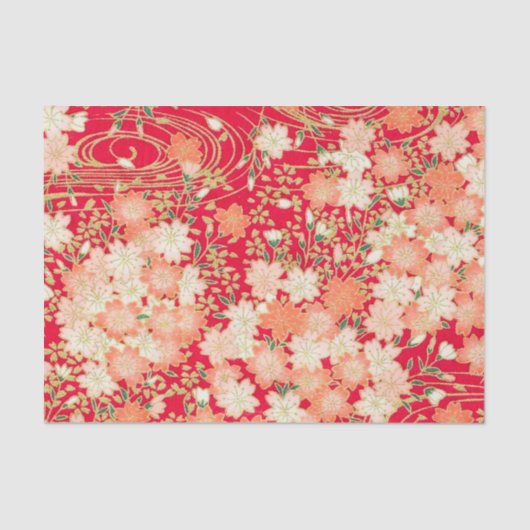 Red White Gold Japanischer Kimono Blumendekoupage Seidenpapier (Vorderseite)