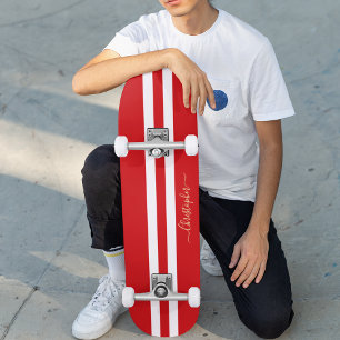 Red White Gold Monogram Racing Stripes Skateboard