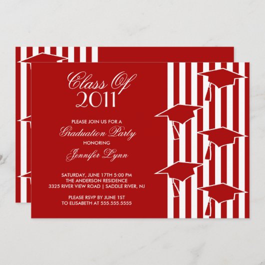 Red & White Grad Hats Abschluss Einladung (Vorne/Hinten)