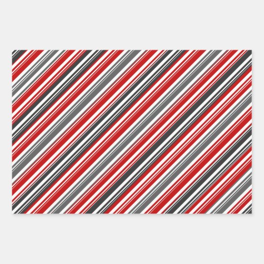 Red White Gray Candy Cane Stripe Holiday Geschenkpapier Set (Vorderseite)