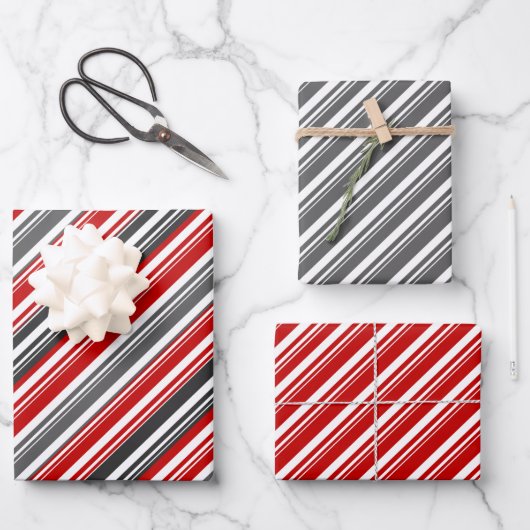 Red White Gray Candy Cane Stripe Holiday Geschenkpapier Set (Vorderseite)