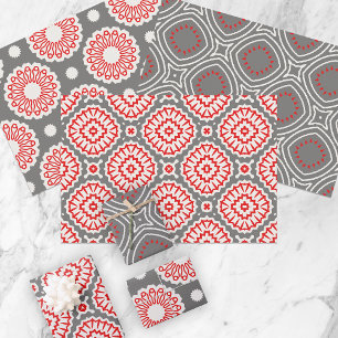 Red White Gray Ethnic Mosaic geometrische Muster Geschenkpapier Set