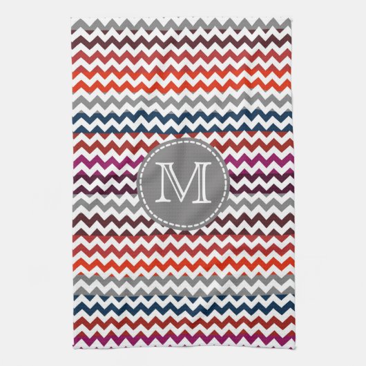 Red White Gray Zickzack Zigzag Monogram Geschirrtuch (Vertikal)