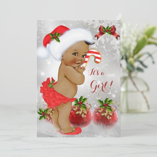 Red White Green Christmas Baby Shower Girl Ethnic Einladung (Stehend Vorderseite)