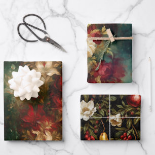 Red White Green Gold Flora Geschenkpapier Set