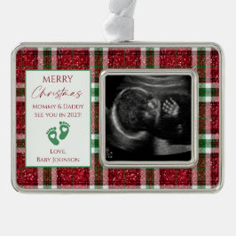 Red White & Green Kariert New Baby Ultrasound Foto Rahmen-Ornament Silber