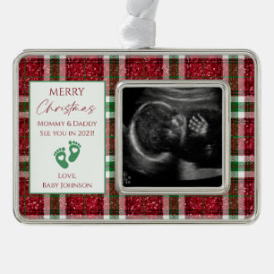 Red White & Green Kariert New Baby Ultrasound Foto Rahmen-Ornament Silber