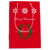 Red White Green Monogram Script Frohe Weihnachten Mittlere Geschenktüte (Vorderseite)