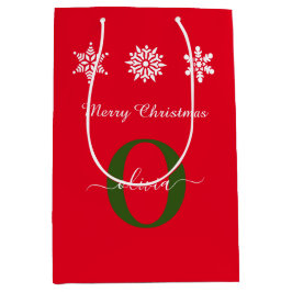 Red White Green Monogram Script Frohe Weihnachten Mittlere Geschenktüte