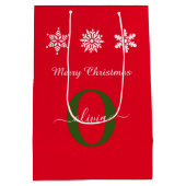 Red White Green Monogram Script Frohe Weihnachten Mittlere Geschenktüte (Rückseite)