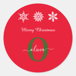 Red White Green Monogram Script Frohe Weihnachten Runder Aufkleber