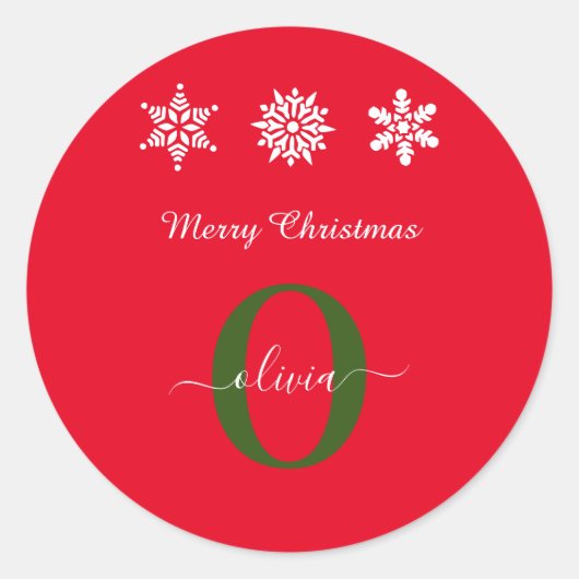 Red White Green Monogram Script Frohe Weihnachten Runder Aufkleber (Vorderseite)