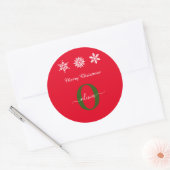 Red White Green Monogram Script Frohe Weihnachten Runder Aufkleber (Umschlag)