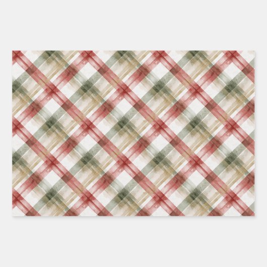 Red White Green Plaid Stripes Christmas Tree Geschenkpapier Set (Vorderseite)