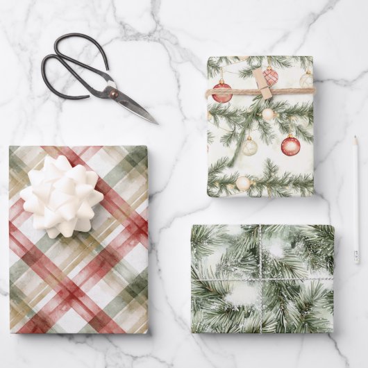 Red White Green Plaid Stripes Christmas Tree   Geschenkpapier Set (Vorderseite)