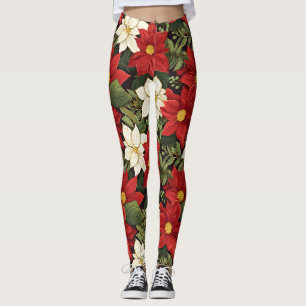 Red White Green Poinsettia Blume Muster Leggings
