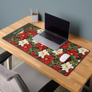 Red White Green Poinsettia Blume Muster Name Schreibtischunterlage