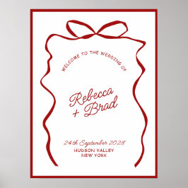 Red & White Hand Drawn Bow Wedding Welcome Sign Poster