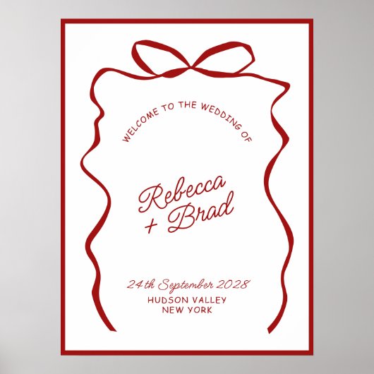 Red & White Hand Drawn Bow Wedding Welcome Sign Poster (Vorne)