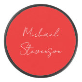 Red White Handschriftlich Minimalistisch Ihren Nam Eishockey Puck (Vorderseite)